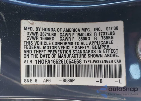 2006 Honda Civic Lx from USA, damaged, VIN 1HGFA16526L054568